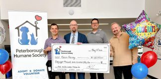 Marcus Harvey (second from left) won $68,755 in the fifth editio of the Peterborough Humane Society's 50/50 lottery, which ran from April 9 to May 15, 2026. (Photo courtesy of Peterborough Humane Society)