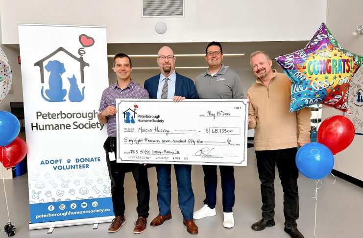Marcus Harvey (second from left) won $68,755 in the fifth editio of the Peterborough Humane Society's 50/50 lottery, which ran from April 9 to May 15, 2026. (Photo courtesy of Peterborough Humane Society)
