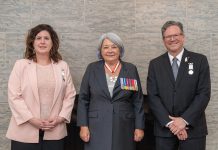 Trent University professor Dr. P. Whitney Lackenbauer (right) with federal government employee Marie-Pierre Parenteau (left) wearing their Polar Medals awarded by Governor General of Canada Mary Simon in Quebec on May 21, 2026. (Photo: Office of the Governor General of Canada)