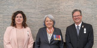 Trent University professor Dr. P. Whitney Lackenbauer (right) with federal government employee Marie-Pierre Parenteau (left) wearing their Polar Medals awarded by Governor General of Canada Mary Simon in Quebec on May 21, 2026. (Photo: Office of the Governor General of Canada)