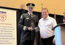 Port Hope fire chief Jason Williams receiving the 2026 Fire Chief of the Year award from Ontario Municipal Fire Prevention Officers Association vice-president Don Casey on May 27, 2026 at the association's 69th annual symposium training and education symposium at Casino Rama in Orillia. (Photo via Municipality of Port Hope)