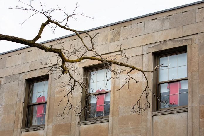 Red dresses in the windows of Peterborough City Hall to commemorate Red Dress Day on May 5, 2026. The dresses will remain in the windows until Friday, May 7. (Photo: Jordan Lyall / kawarthaNOW)