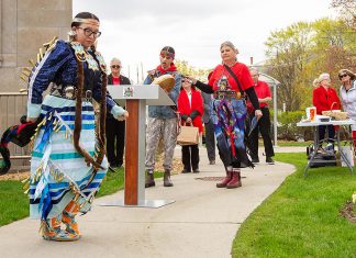 Kelli Marshall performs a traditional jingle dance during an event to commemorate Red Dress Day at Peterborough City Hall on May 5, 2026. (Photo: Jordan Lyall / kawarthaNOW)