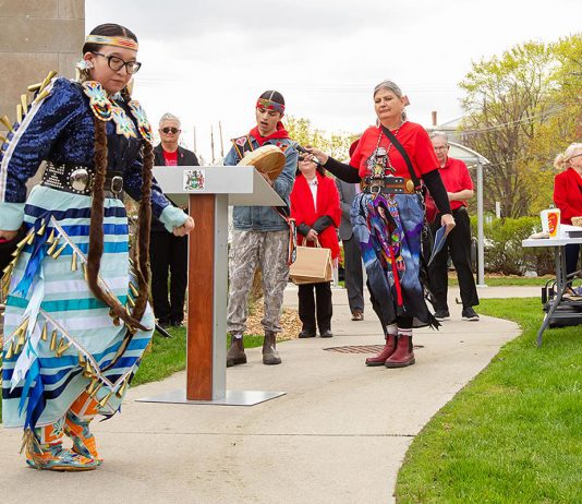 Kelli Marshall performs a traditional jingle dance during an event to commemorate Red Dress Day at Peterborough City Hall on May 5, 2026. (Photo: Jordan Lyall / kawarthaNOW)
