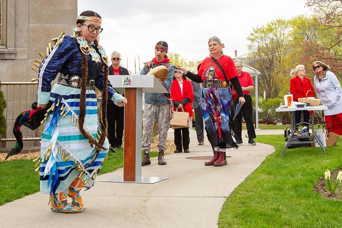 Kelli Marshall performs a traditional jingle dance during an event to commemorate Red Dress Day at Peterborough City Hall on May 5, 2026. (Photo: Jordan Lyall / kawarthaNOW)