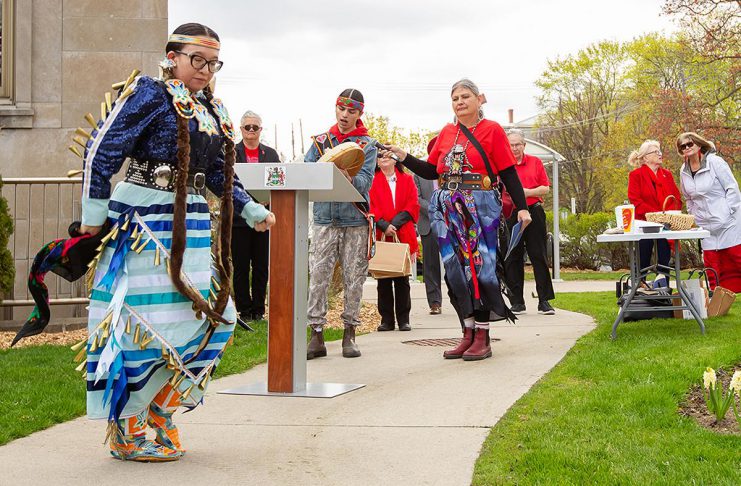 Kelli Marshall performs a traditional jingle dance during an event to commemorate Red Dress Day at Peterborough City Hall on May 5, 2026. (Photo: Jordan Lyall / kawarthaNOW)
