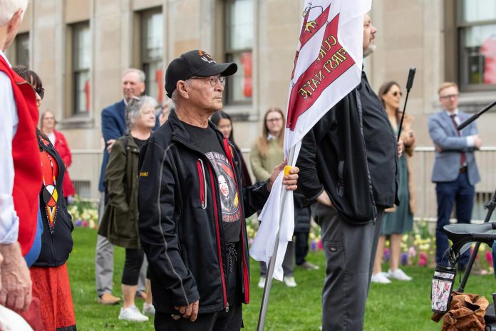 Curve Lake First Nation councillor Arnold Taylor during an event to commemorate Red Dress Day at Peterborough City Hall on May 5, 2026. Taylor is a survivor of the residential school system and the Sixties Scoop. (Photo: Jordan Lyall / kawarthaNOW)