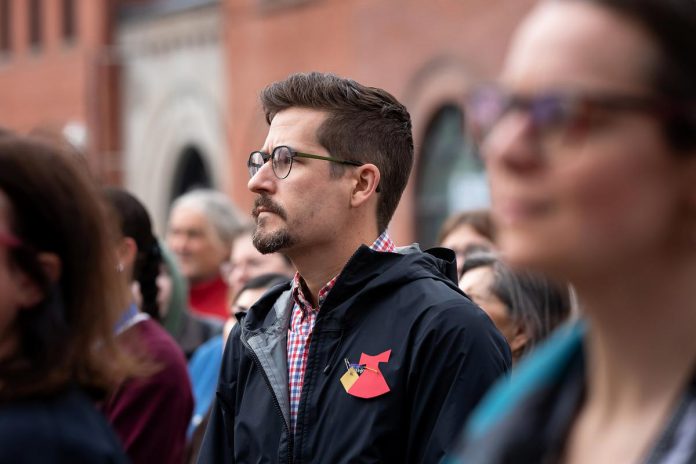 Dr. Thomas Piggott, medical officer of health with Lakelands Public Health, at an event to commemorate Red Dress Day at Peterborough City Hall on May 5, 2026. (Photo: Jordan Lyall / kawarthaNOW)