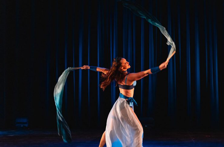 Amy MacKenzie-Strizic will be one of several local performers presenting new and in-progress works during the "small dance in a small space" festival presented by The Theatre on King in downtown Peterborough from May 14 to 16, 2026. She will be joined by Mackenzie Phillips to present a duet silk fans act that combines dance and circus arts. This year's festival will also see work from Naomi Duvall, Kevin Gallagher, Mintu Marie James, and Liz Ingram. (Photo: Bryan Reid)