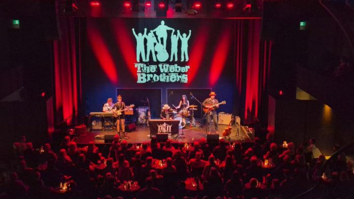 The Weber Brothers performing during a sold-out album release show at the Market Hall in downtown Peterborough on May 1, 2026, featuring (left to right) Lance Anderson, Emily Burgess, Ryan Weber, Maddy Hope, and Sam Weber. The Weber Brothers will be performing at the FLATO Academy Theatre in Lindsay on Thursday, May 14. (Photo: Patricia Levert Thorne)