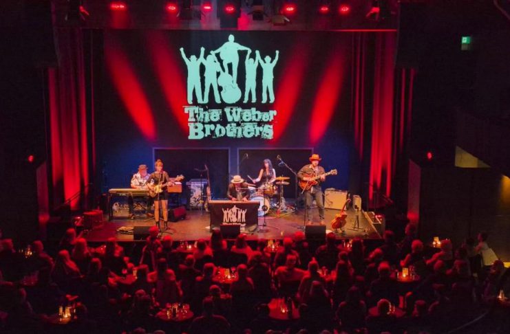 The Weber Brothers performing during a sold-out album release show at the Market Hall in downtown Peterborough on May 1, 2026, featuring (left to right) Lance Anderson, Emily Burgess, Ryan Weber, Maddy Hope, and Sam Weber. The Weber Brothers will be performing at the FLATO Academy Theatre in Lindsay on Thursday, May 14. (Photo: Patricia Levert Thorne)