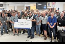 Kawartha Lakes Centre of Hope celebrates a $10,000 donation from 100 Men Kawartha Lakes at the collective philanthropy group's second quarterly meeting of the year on June 4, 2026 at the Omemee Legion. St. John Ambulance of Lindsay and the Lindsay & District Sports Hall of Fame also each received a $2,500 donation from the group, which is approaching 200 members. (Photo courtesy of 100 Men Kawartha Lakes)