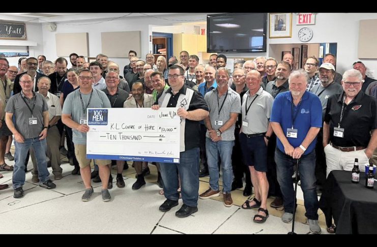 100 Men Kawartha Lakes donates over $15,000 to three charities in Kawarthas Lakes region Kawartha Lakes Centre of Hope celebrates a $10,000 donation from 100 Men Kawartha Lakes at the collective philanthropy group's second quarterly meeting of the year on June 4, 2026 at the Omemee Legion. St. John Ambulance of Lindsay and the Lindsay & District Sports Hall of Fame also each received a $2,500 donation from the group, which is approaching 200 members. (Photo courtesy of 100 Men Kawartha Lakes)