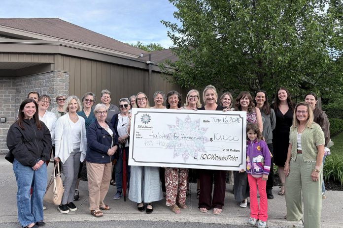 Members of 100 Women Peterborough outside Ashburnham Funeral Home & Reception Centre on June 16, 2026, where they presented a $10,000 cheque to Habitat for Humanity Peterborough & Kawartha Region, representing the collective donations of the members of the group. (Photo courtesy of 100 Women Peterborough)