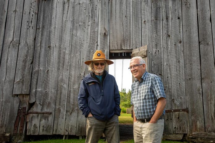 4th Line Theatre founder Robert Winslow with kawarthaNOW's Paul Rellinger during a media day event for Leanna Brodie's play "Schoolhouse" on June 17, 2026 hosted by 4th Line Theatre at Winslow Farm near Millbrook.(Photo: Jordan Lyall / kawarthaNOW)