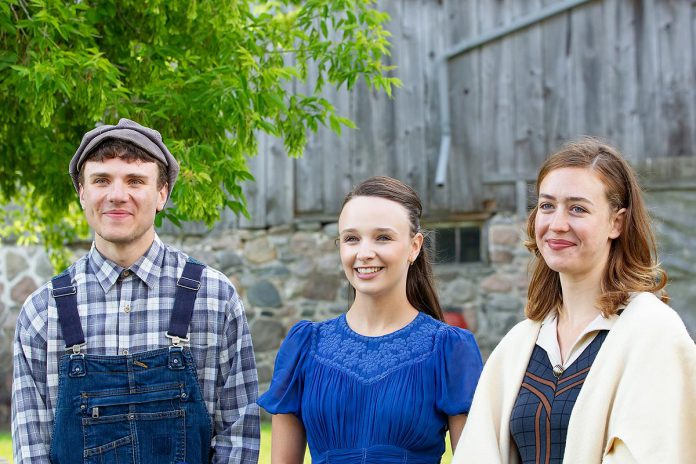 Actors Alexei DeLuca, Alex Pearce, and Rainbow Kester during a media day event for Leanna Brodie's play "Schoolhouse" on June 17, 2026 hosted by 4th Line Theatre at Winslow Farm near Millbrook. (Photo: Jordan Lyall / kawarthaNOW)