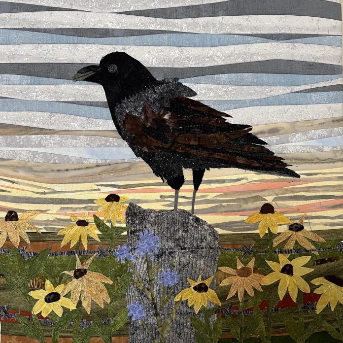"Raven" by Cathy Stalkie (textile, raw edge appliqué, 19" x 18"). One of 52 artists participating in the Art Gallery of Peterborough's 42nd annual Kawartha Autumn Studio Tour on September 26 and 27, 2026, Stalkie will be providing demonstrations at Tour Stop 26 in Selwyn Township. (Photo courtesy of Art Gallery of Peterborough)