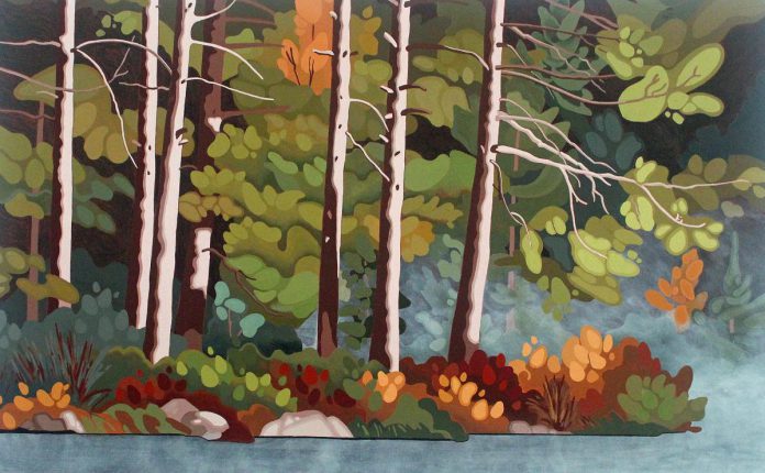 "Pine Trunks in Fog" by Leanne Baird (acrylic on canvas, 2025). One of 52 artists participating in the Art Gallery of Peterborough's 42nd annual Kawartha Autumn Studio Tour, the landscape artist's accessible studio space in Peterborough is Tour Stop 2. (Photo courtesy of Art Gallery of Peterborough)
