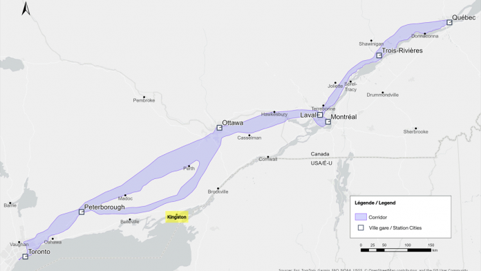 The proposed northern and southern corridor options for the Peterborough-Ottawa section of Alto's proposed 1,000-kilometre high-speed rail (HSR) network between Toronto and Québec City. Federal Minister of Transport Steven MacKinnon has directed Alto to develop a southern corridor option that includes a station in Kingston, highlighted in yellow. (Map: Alto)