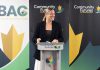 Community Futures Peterborough executive director Devon Girard at the podium during the not-for-profit economic development organization's annual general meeting on June 23, 2026 at the Venture North building in downtown Peterborough. (Photo courtesy of Community Futures Peterborough)