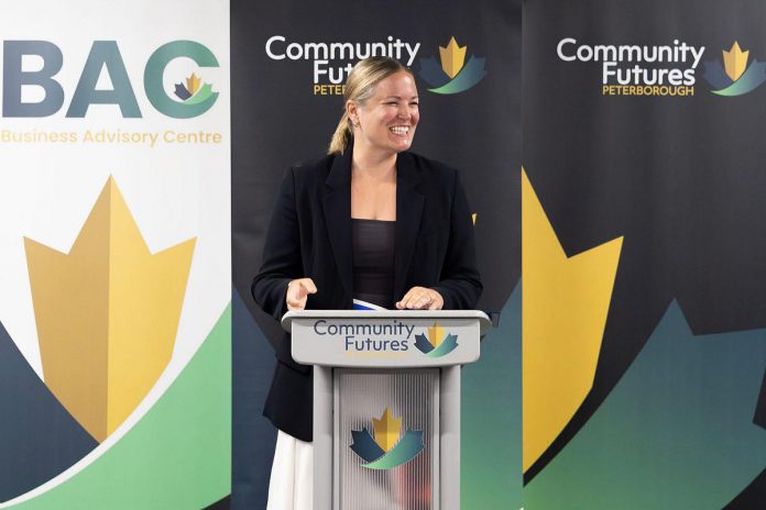 Community Futures Peterborough executive director Devon Girard at the podium during the not-for-profit economic development organization's annual general meeting on June 23, 2026 at the Venture North building in downtown Peterborough. (Photo courtesy of Community Futures Peterborough) Community Futures Peterborough executive director Devon Girard at the podium during the not-for-profit economic development organization's annual general meeting on June 23, 2026 at the Venture North building in downtown Peterborough. (Photo courtesy of Community Futures Peterborough)