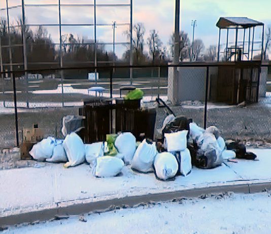 This photo of bags of garbage dumped at James Stevenson Park in Peterborough's East City was part of a city staff presentation on the Clean Streets Peterborough initiative to city council meeting as general committee on May 25, 2026. (kawarthaNOW screenshot of City of Peterborough video)