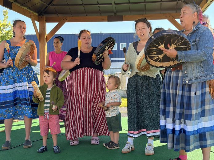 During a grand opening event for the Inaate'abiwin Playroom at Cobourg EarlyON Child and Family Centre on June 19, 2026, the celebrations featured songs, drumming, remarks from community partners, and cultural teachings including from Elder and Knowledge Keeper Mary Ann Spencer and Tim Smoke, cultural resource advisor with Dnaagdawenmag Binnoojiiyag Child & Family Services and a member of Alderville First Nation. (Photo courtesy of Northumberland County)