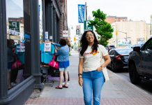 Peterborough Downtown Business Improvement Area revives original logo as it celebrates its 45th year Peterborough Downtown Business Improvement Area (DBIA) executive director Nour Mazloum walks downtown wearing a T-shirt with the original DBIA logo from when the organization was founded in 1981. The merchandise is being rolled out as part of a celebration for the organization's 45-year anniversary, just as Mazloum reflects on her two years at its helm. (Photo courtesy of Peterborough DBIA)