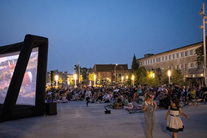 In 2025, the Peterborough DBIA began hosting a weekly outdoor movie series, screening family-friendly movies in the Quaker Foods City Square to build community and draw foot traffic to downtown businesses. This year, the organization is expanding the series to eight weeks, held every Tuesday evening between July 7 and August 25. (Photo courtesy of Peterborough DBIA)