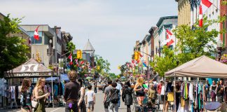 Pedestrian-friendly monthly sidewalk sales returning to downtown Peterborough on Saturdays this summer During the Second Saturday Sidewalk Sales organized by the Peterborough Downtown Business Improvement Area (DBIA) on June 13, July 11, August 8, and September 12, 2026, a portion of George Street will be closed to motor vehicles from Hunter Street in the north to Simcoe Street in the south to create expanded pedestrian space for shopping, dining, live entertainment, family-friendly activities, and more. (Photo courtesy of Peterborough DBIA)
