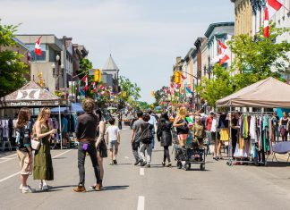 During the Second Saturday Sidewalk Sales organized by the Peterborough Downtown Business Improvement Area (DBIA) on June 13, July 11, August 8, and September 12, 2026, a portion of George Street will be closed to motor vehicles from Hunter Street in the north to Simcoe Street in the south to create expanded pedestrian space for shopping, dining, live entertainment, family-friendly activities, and more. (Photo courtesy of Peterborough DBIA)