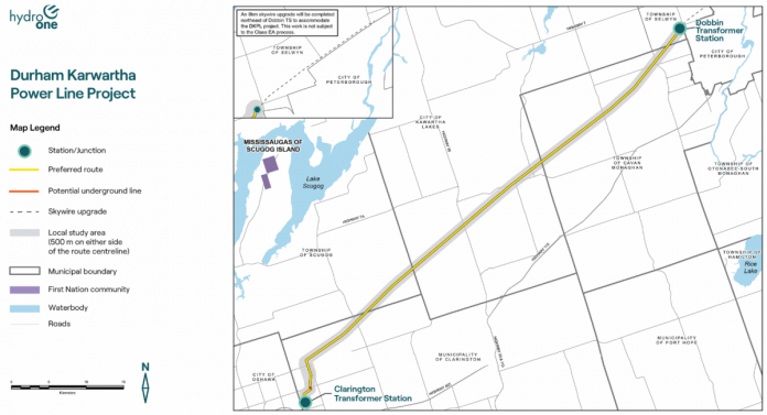 The preferred route of the Durham Kawartha Power Line. (Graphic: Hydro One)