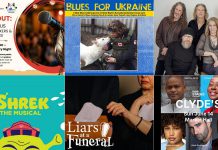 encoreNOW for June 1, 2026 features (from left to right, top and bottom) an open mic for Indigenous spoken word artists at Peterborough Community Health Centre, Blues for Ukraine benefit concert at Peterborough's Market Hall, Tanglefoot at Bancroft Village Playhouse, "Shrek The Musical" at Campbellford's Westben, "Liars at a Funeral" at Port Hope's Capitol Theatre, and New Stages Theatre's staged reading of "Clyde's" at Peterborough's Market Hall. (kawarthaNOW collage)