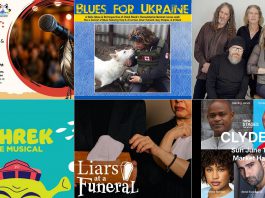 encoreNOW for June 1, 2026 features (from left to right, top and bottom) an open mic for Indigenous spoken word artists at Peterborough Community Health Centre, Blues for Ukraine benefit concert at Peterborough's Market Hall, Tanglefoot at Bancroft Village Playhouse, "Shrek The Musical" at Campbellford's Westben, "Liars at a Funeral" at Port Hope's Capitol Theatre, and New Stages Theatre's staged reading of "Clyde's" at Peterborough's Market Hall. (kawarthaNOW collage)