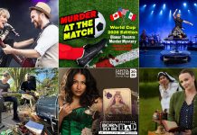 encoreNOW for June 15, 2026 features (from left to right, top and bottom) Fleetwood Mac Mania at Cobourg's Concert Hall at Victoria Hall, "Murder at the Match - World Cup Edition" at Globus Theatre in Bobcaygeon, Gowan at Peterborough Musicfest, Emily Burgess at Tuned Up Tuesdays at Elmhirst's Resort in Keene, "Born to be Bad: The Villains of Broadway" featuring Tahirih Vejdani at Port Hope's Capitol Theatre, and 4th Line Theatre's "Schoolhouse" at the Winslow Farm in Millbrook. (kawarthaNOW collage)