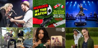 encoreNOW for June 15, 2026 features (from left to right, top and bottom) Fleetwood Mac Mania at Cobourg's Concert Hall at Victoria Hall, "Murder at the Match - World Cup Edition" at Globus Theatre in Bobcaygeon, Gowan at Peterborough Musicfest, Emily Burgess at Tuned Up Tuesdays at Elmhirst's Resort in Keene, "Born to be Bad: The Villains of Broadway" featuring Tahirih Vejdani at Port Hope's Capitol Theatre, and 4th Line Theatre's "Schoolhouse" at the Winslow Farm in Millbrook. (kawarthaNOW collage)