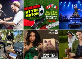 encoreNOW for June 15, 2026 features (from left to right, top and bottom) Fleetwood Mac Mania at Cobourg's Concert Hall at Victoria Hall, "Murder at the Match - World Cup Edition" at Globus Theatre in Bobcaygeon, Gowan at Peterborough Musicfest, Emily Burgess at Tuned Up Tuesdays at Elmhirst's Resort in Keene, "Born to be Bad: The Villains of Broadway" featuring Tahirih Vejdani at Port Hope's Capitol Theatre, and 4th Line Theatre's "Schoolhouse" at the Winslow Farm in Millbrook. (kawarthaNOW collage)