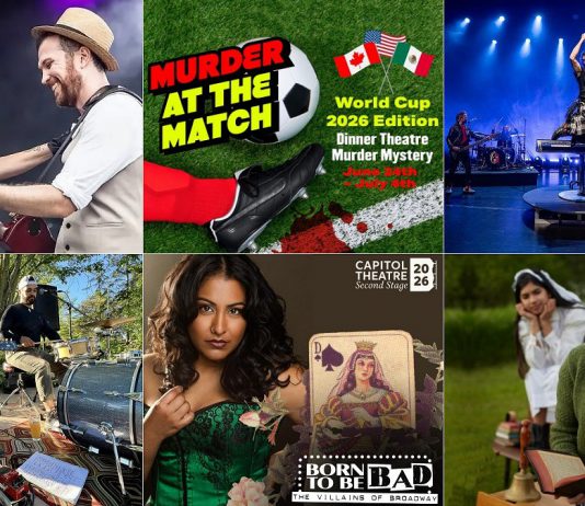 encoreNOW for June 15, 2026 features (from left to right, top and bottom) Fleetwood Mac Mania at Cobourg's Concert Hall at Victoria Hall, "Murder at the Match - World Cup Edition" at Globus Theatre in Bobcaygeon, Gowan at Peterborough Musicfest, Emily Burgess at Tuned Up Tuesdays at Elmhirst's Resort in Keene, "Born to be Bad: The Villains of Broadway" featuring Tahirih Vejdani at Port Hope's Capitol Theatre, and 4th Line Theatre's "Schoolhouse" at the Winslow Farm in Millbrook. (kawarthaNOW collage)