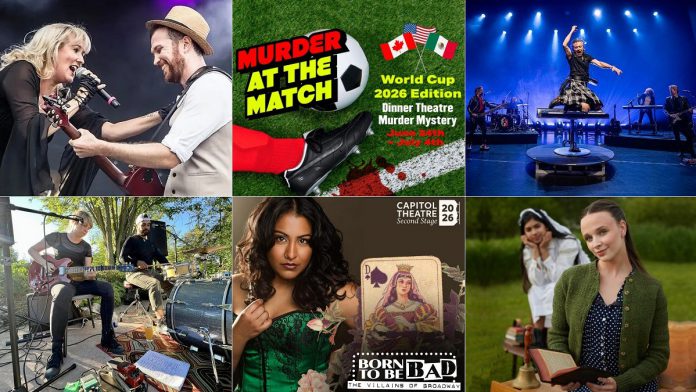 encoreNOW for June 15, 2026 features (from left to right, top and bottom) Fleetwood Mac Mania at Cobourg's Concert Hall at Victoria Hall, "Murder at the Match - World Cup Edition" at Globus Theatre in Bobcaygeon, Gowan at Peterborough Musicfest, Emily Burgess at Tuned Up Tuesdays at Elmhirst's Resort in Keene, "Born to be Bad: The Villains of Broadway" featuring Tahirih Vejdani at Port Hope's Capitol Theatre, and 4th Line Theatre's "Schoolhouse" at the Winslow Farm in Millbrook. (kawarthaNOW collage) encoreNOW for June 15, 2026 features (from left to right, top and bottom) Fleetwood Mac Mania at Cobourg's Concert Hall at Victoria Hall, "Murder at the Match - World Cup Edition" at Globus Theatre in Bobcaygeon, Gowan at Peterborough Musicfest, Emily Burgess at Tuned Up Tuesdays at Elmhirst's Resort in Keene, "Born to be Bad: The Villains of Broadway" featuring Tahirih Vejdani at Port Hope's Capitol Theatre, and 4th Line Theatre's "Schoolhouse" at the Winslow Farm in Millbrook. (kawarthaNOW collage)