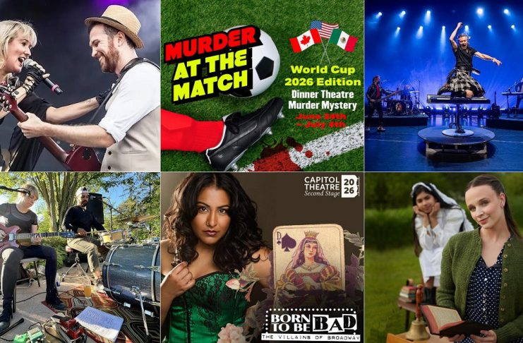 encoreNOW – June 15, 2026 encoreNOW for June 15, 2026 features (from left to right, top and bottom) Fleetwood Mac Mania at Cobourg's Concert Hall at Victoria Hall, "Murder at the Match - World Cup Edition" at Globus Theatre in Bobcaygeon, Gowan at Peterborough Musicfest, Emily Burgess at Tuned Up Tuesdays at Elmhirst's Resort in Keene, "Born to be Bad: The Villains of Broadway" featuring Tahirih Vejdani at Port Hope's Capitol Theatre, and 4th Line Theatre's "Schoolhouse" at the Winslow Farm in Millbrook. (kawarthaNOW collage)