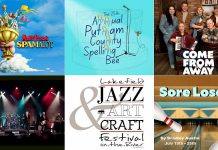 encoreNOW for June 29, 2026 features (from left to right, top and bottom) "Spamalot" at The Grover Theatre in Fenelon Falls, "The 25th Annual Putnam County Spelling Bee" at the Bancroft Village Playhouse, "Come From Away" at Port Hope's Capitol Theatre, Lighthouse at Peterborough Musicfest, the Lakefield Jazz, Art and Craft Festival, and "Sore Losers" at Globus Theatre in Bobcaygeon. (kawarthaNOW collage)