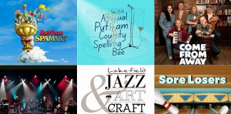 encoreNOW for June 29, 2026 features (from left to right, top and bottom) "Spamalot" at The Grover Theatre in Fenelon Falls, "The 25th Annual Putnam County Spelling Bee" at the Bancroft Village Playhouse, "Come From Away" at Port Hope's Capitol Theatre, Lighthouse at Peterborough Musicfest, the Lakefield Jazz, Art and Craft Festival, and "Sore Losers" at Globus Theatre in Bobcaygeon. (kawarthaNOW collage)