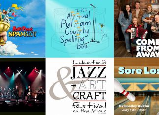 encoreNOW for June 29, 2026 features (from left to right, top and bottom) "Spamalot" at The Grover Theatre in Fenelon Falls, "The 25th Annual Putnam County Spelling Bee" at the Bancroft Village Playhouse, "Come From Away" at Port Hope's Capitol Theatre, Lighthouse at Peterborough Musicfest, the Lakefield Jazz, Art and Craft Festival, and "Sore Losers" at Globus Theatre in Bobcaygeon. (kawarthaNOW collage)