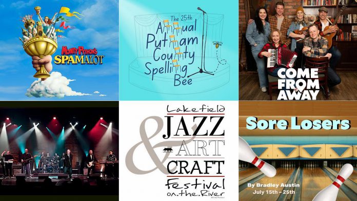 encoreNOW for June 29, 2026 features (from left to right, top and bottom) "Spamalot" at The Grover Theatre in Fenelon Falls, "The 25th Annual Putnam County Spelling Bee" at the Bancroft Village Playhouse, "Come From Away" at Port Hope's Capitol Theatre, Lighthouse at Peterborough Musicfest, the Lakefield Jazz, Art and Craft Festival, and "Sore Losers" at Globus Theatre in Bobcaygeon. (kawarthaNOW collage)