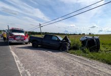 The driver and passenger of a northbound SUV that turned in front of a southpound pickup truck on Tara Road north of Ennismore on June 26, 2026 were both taken to Peterborough Regional Health Centre, with one later airlifted to a Toronto-area trauma hospital. (Photo: Peterborough County OPP)