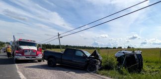 The driver and passenger of a northbound SUV that turned in front of a southpound pickup truck on Tara Road north of Ennismore on June 26, 2026 were both taken to Peterborough Regional Health Centre, with one later airlifted to a Toronto-area trauma hospital. (Photo: Peterborough County OPP)
