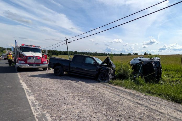 The driver and passenger of a northbound SUV that turned in front of a southpound pickup truck on Tara Road north of Ennismore on June 26, 2026 were both taken to Peterborough Regional Health Centre, with one later airlifted to a Toronto-area trauma hospital. (Photo: Peterborough County OPP)