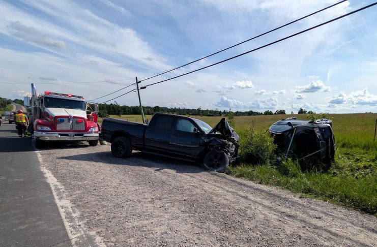 The driver and passenger of a northbound SUV that turned in front of a southpound pickup truck on Tara Road north of Ennismore on June 26, 2026 were both taken to Peterborough Regional Health Centre, with one later airlifted to a Toronto-area trauma hospital. (Photo: Peterborough County OPP)