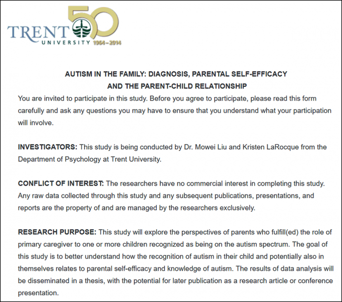 Participants are still being sought until August 1, 2026 to take part in Trent-based research that explores autism in the family. The goal is to get upwards of 250 participants in the study. (Screenshot courtesy of Five Counties Children Centre)
