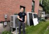 Shane Switzer of Kawartha Eco Climate Control installed this heat pump in an older home in the Avenues neighbourhood in Peterborough in 2024. Although the primary motivation for installation was extremely efficient heating, it has the added benefit of providing cooling as well, something the home did not previously have. (Photo: Clara Blakelock / GreenUP)